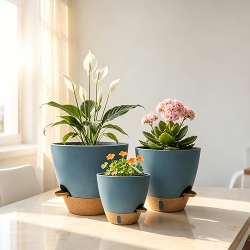 12"/10"/9"/8" Self Watering Pots with Visual Water Window,Extra Large Self Watering Plant Pots with Drainage Holes & Saucers,Blue Planters for Indoor Plants,4-Pack - color: Blue