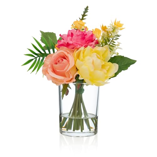 WELL KNOWN Artificial Flowers in Glass Vase, Spring Flowers Silk Rose Peony Bouquet for Home Dining Table, Office, Hotel, Wedding, Party, Lavatory Decor & Birthday Gift (Hot Pink, Coral & Yellow) - color: Hot Pink & Yellow