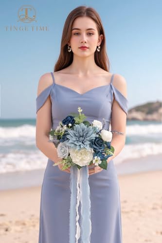 TINGE TIME 7inch Wedding Bouquets for Bridesmaid, Artificial Flowers Cascading Bridal Bouquet for Wedding (DarkBlue, Set of 4) - color: Darkblue