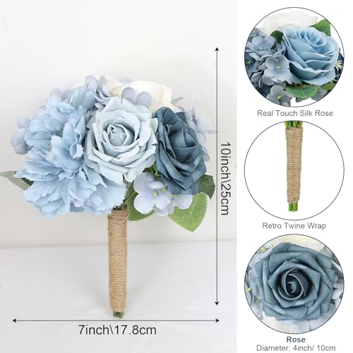 Artificial Bridesmaid Bouquets Set of 6-7 Inch Silk Bouquets for Bridesmaids, Pre-Made Small Wedding Bouquet Fake Flowers for Bridal Shower, Table Centerpieces, PartyDecor - Dusty Blue - color: Dusty Blue, size: 6pcs Bouquets
