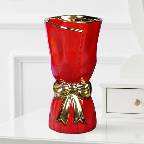 Bow Ceramic Vase for Flower - 11 Inch Modern vases Home Decor, Red Decorative Vase for Pampas Grass, Kitchen Island, Living Room, Fireplace, Entryway Table Decor - color: Red, size: 11 inch