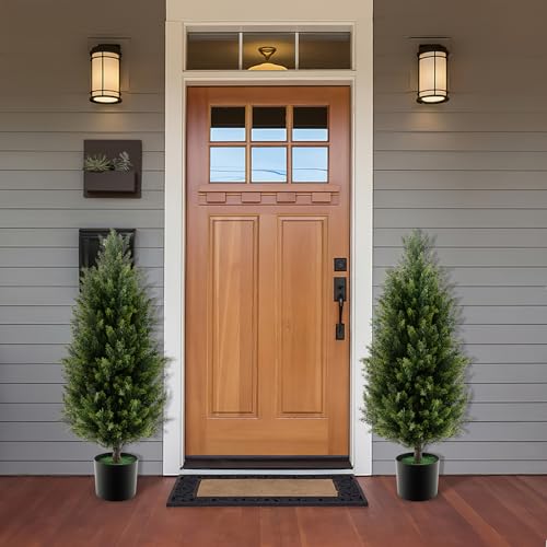 Goplus 3FT Artificial Topiary Cedar Tree, Faux Potted Plants Artificial Cypress Tree with Cement Plastic Pot, Fake Evergreen Artificial Topiary for Indoor Outdoor Home Front Porch Decor - size: 3ft 2in