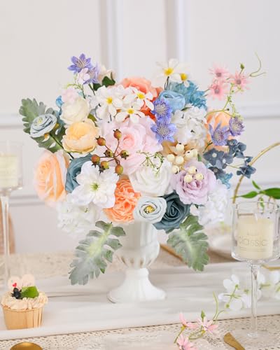 Kisflower Artificial Flowers Combo Dusty Blue Cake Flowers Decorations Fake Hydrangea Dahlia Silk Rose Gift Box for DIY Wedding Bridal Bouquet Floral Arrangement Party Holiday Decor (Fairy Blue&Pink) - color: Fairy Blue&pink