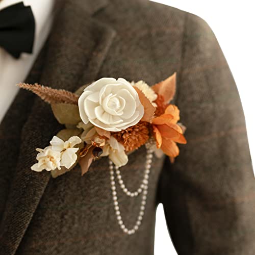 Ling's moment Pocket Boutonniere Single, Boutonniere for Men Groom for Wedding, Prom, Homecoming, Anniversary, Graduation, etc.Rust Boho Sola Wood, 6" W x 5" H - color: Or-rust Boho & Sola Wood, size: 6" W x 5" H