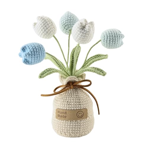 Crocheted Tulips, Hand-Woven Potted Plants, Permanent Tulips, Used for Creative DIY Table Decoration, Birthday Gift ，Graduation Ceremony, Christmas and Thanksgiving (5 Flowers-Blue) - color: Blue B, size: B