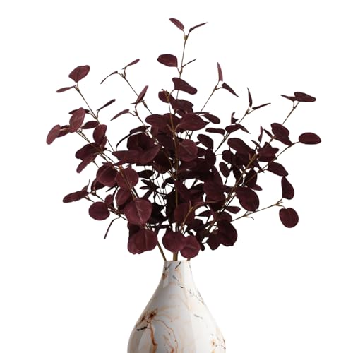 4PCS 24" Burgundy Metallic Fake Eucalyptus Stems Artificial Eucalyptus Leaves for Fall Leaves Thanksgiving Decor, Christmas Living Room Vase Decor - color: Burgundy
