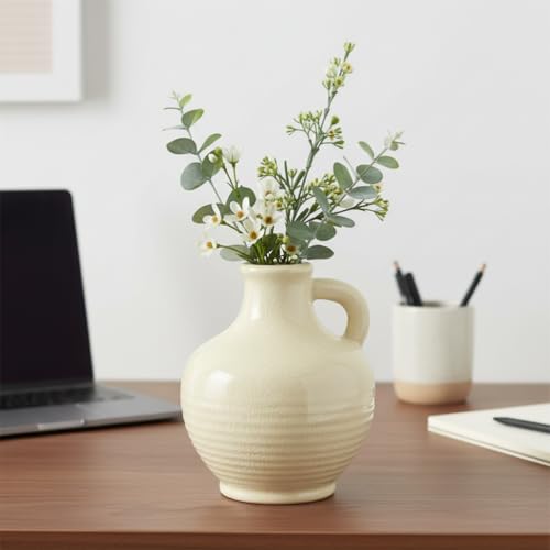 Sunddo White Ceramic Vase 6 Inch - Small Modern Flower Vase for Home Decor, Decorative Vases with Handle, Boho & Minimalist, Living Room Cabinet Table Centerpieces Wedding Beige - color: Modern White - 6, size: 6 Inch
