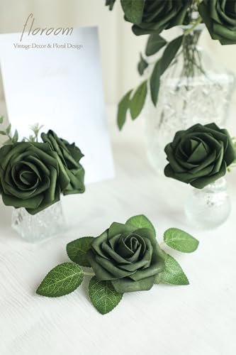 Floroom Artificial Flowers 25pcs Real Looking Forest Green Ombre Colors Foam Fake Roses with Stems for DIY Wedding Bouquets Bridal Shower Centerpieces Sage Green Floral Arrangements Decorations - color: Shades of Forest