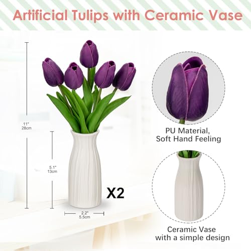 Briful 2 Packs Faux Flowers Artificial Tulips with Ceramic Vase, Poly Foam Purple Tulips Real Touch Flower Arrangement for Home Kitchen Wedding Centerpiece Decoration - color: Dark Violet