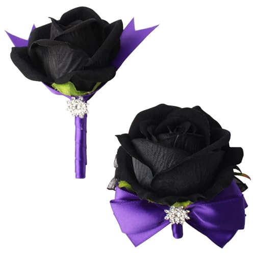 Black Rose Wrist Corsage and Boutonniere Set Rose Corsage Wristlet for Wedding Prom Party Homecoming Decoration Set of 2 (Purple and Black) - color: Purple and Black