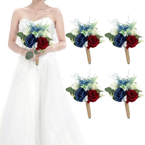 Set of 4 Bridesmaid Bouquets for Wedding - 7 Inch Artificial Flowers Bouquets for Ceremony Anniversary Centerpieces Decorations - Burgundy & Navy Blue & White - color: Burgundy & Navy Blue, size: Set of 4 Bridesmaid Bouquets