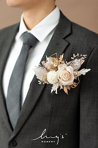 Ling's moment Pocket Boutonniere Single, Boutonniere for Men Groom for Wedding, Prom, Homecoming, Anniversary, Graduation, etc.White Beige, 6" W x 5" H - color: Wht-white & Beige, size: 6" W x 5" H