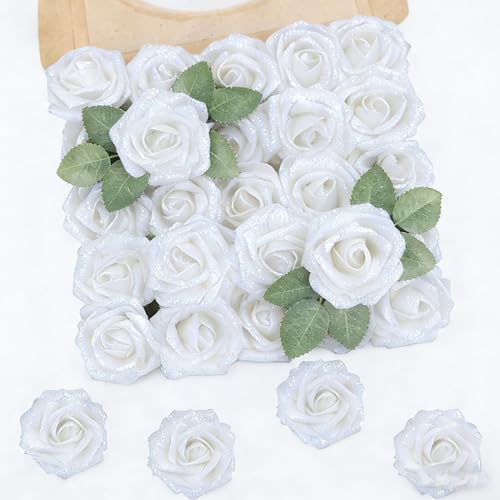 30Pcs White Artificial Crystal Rose Artificial Flowers, Realistic Fake Crystal Roses for Wedding Center Decorations, Party Home Decorations, Valentine's Day, Bouquets. - color: 30pcs White