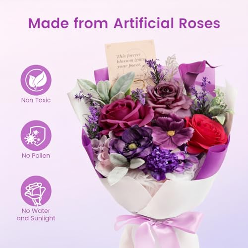 TINGE TIME Mothers Day Preserved Flowers Bouquet, Forever Flowers Gifts for Mom, Birthday Gifts for Women, Eternal Roses Bouquet for Grandma Wife Anniversary Graduation(Purple) - color: Purple
