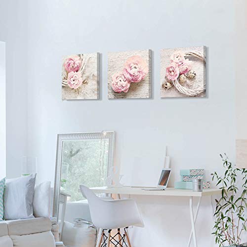 Hardy Gallery Floral Picture Canvas Wall Art: Pink Peony Flower Wreath Photographic Prints for Decor (12”x12”x3pcs) - color: Pink picture, size: 12'' x 12'' x 3 Panels