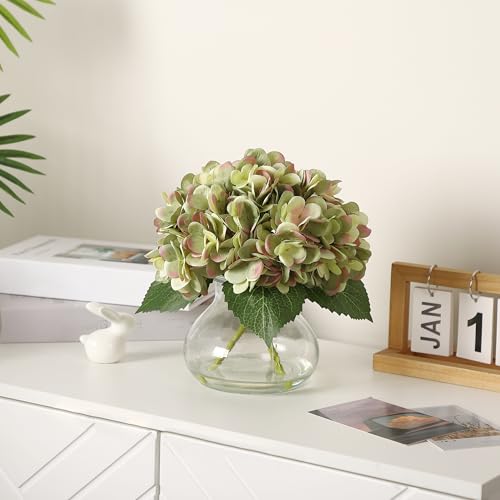 Artificial Hydrangea Flowers with Glass Vase & Fake Water - Faux Hydrangea for Home Table, Wedding Party, Office Decor | Realistic Fake Hydrangeas, Silk Flowers for Vase Arrangement (Hydrangea, green) - color: Hydrangea, Green