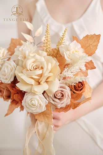 TINGE TIME 7inch Wedding Bouquets for Bridesmaid, Artificial Flowers Cascading Bridal Bouquet for Wedding (Burnt Orange & Champagne, Set of 4) - color: Burnt Orange & Champagne