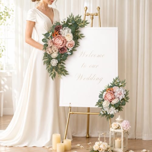 AitnWoy Artificial Wedding Arch Flowers Kit 2 PCS Dust Rose Flowers Silk Peony Floral Swag Welcome Sign for Wedding Ceremony Party Home Garland Decor - color: Reddish Brown, size: 28" + 11"