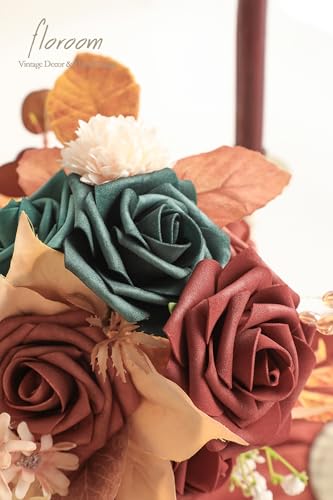 Floroom Artificial Flowers 25pcs Real Looking Teal Green Terracotta Ombre Colors Foam Fake Roses with Stems for DIY Wedding Bouquets Bridal Shower Centerpieces Floral Arrangements Tables Decoration - color: Shades of 1970s