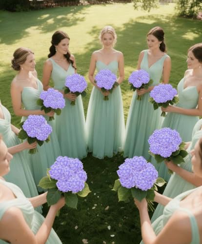 50 Pack Artificial Purple Hydrangea Flowers with Leaves, 6 Inch Silk Flower Heads, DIY Mother's Day Wedding Decor Set with 100 Leaves, 50 Stems - color: Purple