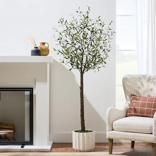 Best Choice Products 6.5Ft Artificial Olive Tree, Lifelike Faux Tree w/Planter Pot, Indoor Home Office Accent Decor Realistic Trunk, Fruit, Fake Plant - size: 6.5ft