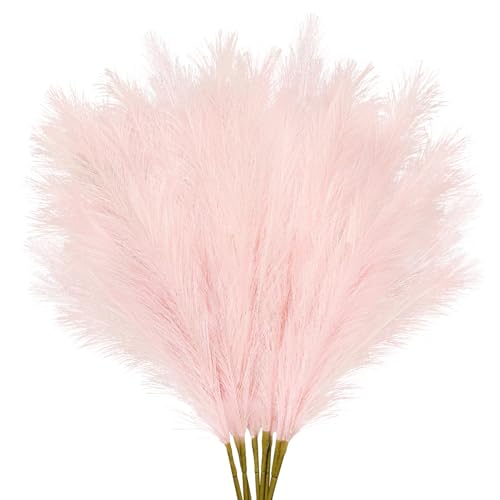 obbsie 35" Pink Faux Pampas Grass Decor, 8pcs Large Tall Fluffy Artificial Pompous Grass Branches Floral Fake Pompas Grass Bulrush Floor Vase Filler Flower Arrangement for Home Wedding Boho Decor - color: Pink, size: 8 PCS