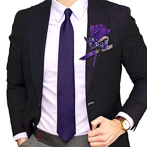 Purple Wedding Rose Boutonniere with Pins for Men Wedding Groomsmen Best Man, Groom Boutonnieres for Party Prom Anniversary (Boutonniere-Purple, 6 Packs) - color: Boutonniere-purple, size: 6 Packs