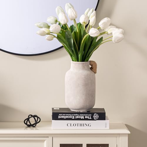 Ceramic Flower Vase Home Decor - 10.6 inch Tall Large White Rustic Table Flowers Vases with Handle Living Room Bedroom Plant Decoration Farmhouse Vintage for Kitchen Shelf Office Coffee Dining Desk - color: C-10.6" Plus-with Hemp Rope