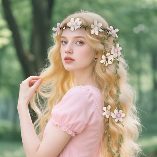 White Fairy Flower Headpiece, Bohemian Daisy Floral Headband, Handmade Forest Woodland Vine Flower Crown for Women Bridal Wedding Renaissance Party Cosplay Costume Hair Accessories - color: White