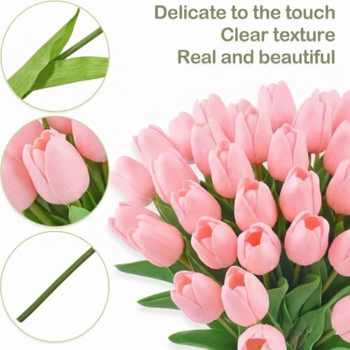 30 Pcs Pink Artificial Tulips with Clear Vase, Realistic Faux Tulip Bouquet in Vase, Fake Flowers Arrangement for Spring Floral Centerpiece for Home Office Table Decor