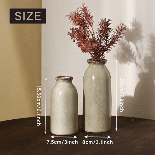 VICTOR & TERESA Green Ceramic Vases Home Decor, Farmhouse Vase for Flowers, Flower Vase Set of 2, Rustic Decorative Vases for Pampas Grass, Table, Living Room, Shelf, Centerpieces, 8 inch - color: Green