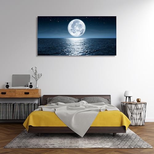 Wall Art Canvas Print Moon Sea Ocean Landscape 1 Panels Full Moon Picture Painting Framed and Stretched Ready to Hang for Living Room Bedroom Office Home Decor Artwork - color: Dark Blue, size: 71"L x 36"W