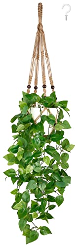 Mkono Fake Hanging Plant with Pot, Artificial Plants for Home Spring Decor Indoor Macrame Plant Hanger with Faux Vine Hanging Planter Greenery for Bedroom Bathroom Kitchen Office, Brown (Pothos) - color: Brown