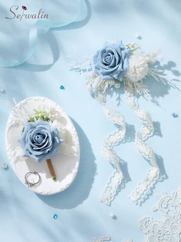 Serwalin Blue Rose Corsage and Boutonniere Set, Boutonniere for Men and Wrist Corsage Wristlet Prom Homecoming Wedding Flowers Accessories Party Suit Decorations - color: Blue, size: 1 Boutonniere & 1 Wrist Corsage - 2pcs