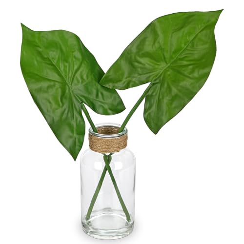GnFlus Fake Plants Faux Greenery Stems in Glass Vase with Faux Water, Realistic Silk Faux Plants Artificial Tropical Leaves for Home Bathroom Office Wedding Centerpiece Décor - color: Elephant Ears