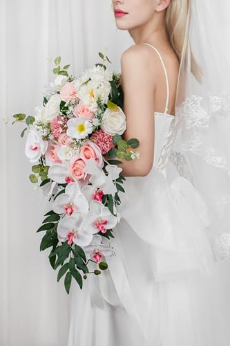 Lisuun Wedding Bouquets for Bride, 16 Inches Wedding Flower Bouquet, Silk Round Bridal Bouquet for Wedding, Ceremony, Anniversary - color: White&pink