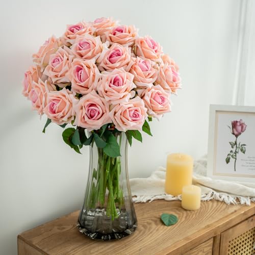 Ttranewsoo Fake Roses Faux Flowers Silk Roses Artificial Roses with Stems Realistic Artificial Flowers 16.5In Suitable for Indoor Home Decoration DIY Bouquet Wedding Decor Party Decor (Pink, 24PCS) - color: Pink 24pcs