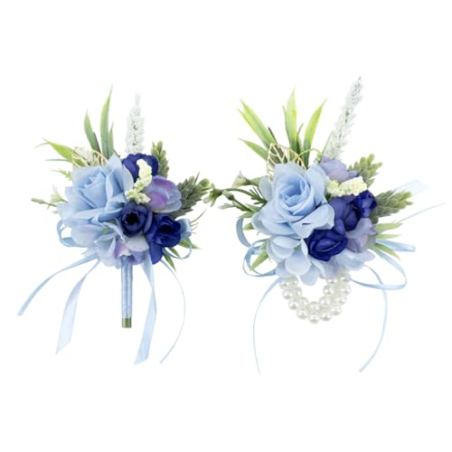 2 Pcs Wrist Corsage and Boutonniere Set, Blue Corsage for Wedding, Boutonniere for Men Artificial Rose Flower Wristlet Bracelet Prom Ceremony Anniversary Accessories Decor Suit - color: Blue