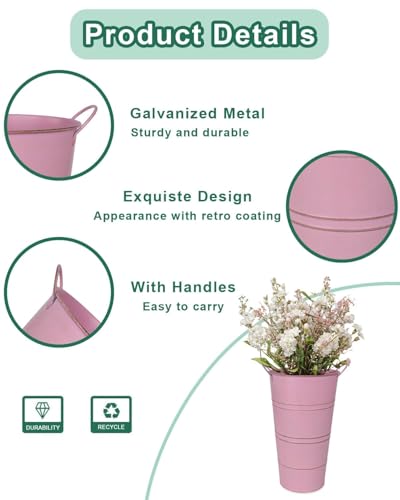 vensovo 12 Inch Galvanized Metal Vases for Flowers - 6 Pcs Farmhouse Decorative Tall Flower Bucket with Handles, Rustic French Tin Planter Buckets for Wedding Decor (Pink) - color: Pink