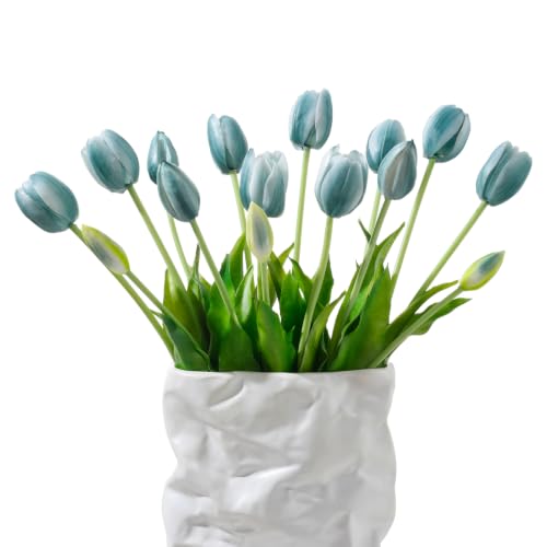 15 Pcs Artificial Flowers Tulips Real Touch Latex Plastic Soft Faux Bouquets for Party, Wedding, Home, Room, Garden Decor (Vintage Blue) - color: Vintage Blue