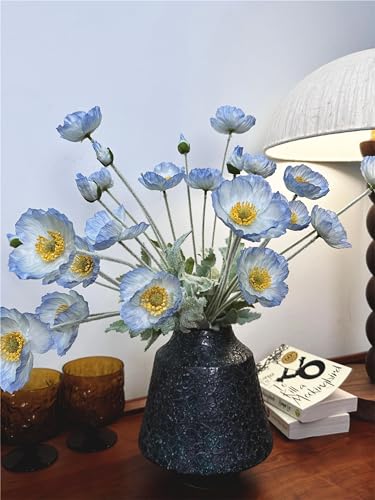 Set of 6 Light Blue Silk Poppy Flowers Artificial with Stems Silk Poppies Bouquet Faux Ranunculus Artificial Flowers for Wedding Party Home Office Indoor Decoration (Light Blue) - color: Light Blue