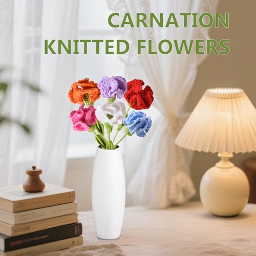 6Pcs Handmade Carnation Crochet Flower Bouquet, Completed Carnations Artificial Flower, Carnation Flower Wedding Bouquet (6 Colors) - color: 6 Colors