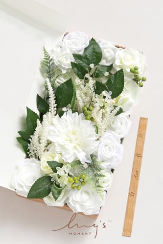 Ling's moment Fake Flowers Box, Artificial Faux Greenery Stems Silk Dahlias Foam Roses for Wedding Bouquets Centerpieces Decorations Backyard Floral Arrangement, White & Olive Green, Deluxe Combo - color: Wht-white & Olive Green, size: Deluxe