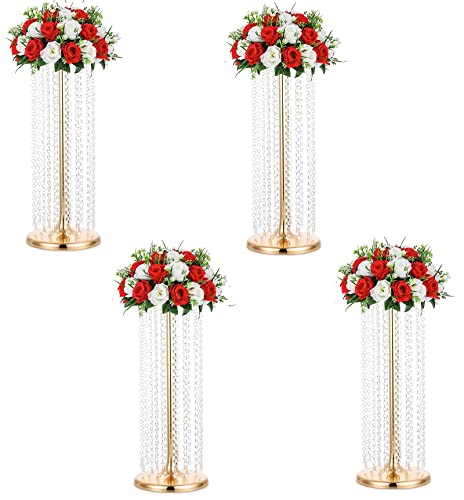 27.5in Flower Stand for Wedding Centerpieces for Tables - Metal Tall Floor vase with Acrylic Crystal, 4Pcs Gold Vases for Centerpieces Wedding Party Event, Birthday Home Decorations - color: Gold, size: 27.5"×4pcs