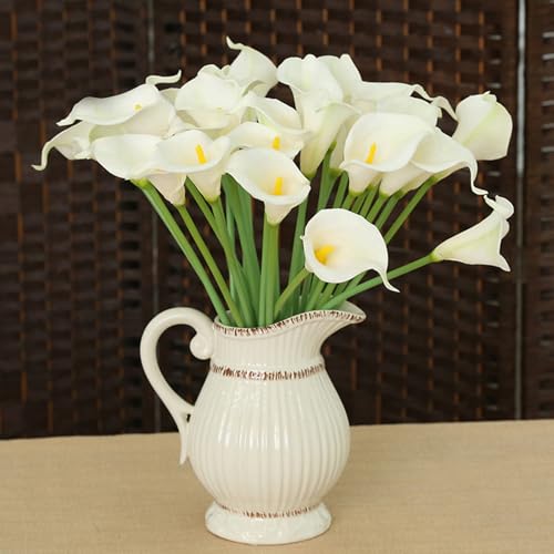 Calla Lily Bridal Wedding Festival Decor Bouquet Real Touch Latex Flower Bouquet Pack of 20 (Yellow-White) - color: White