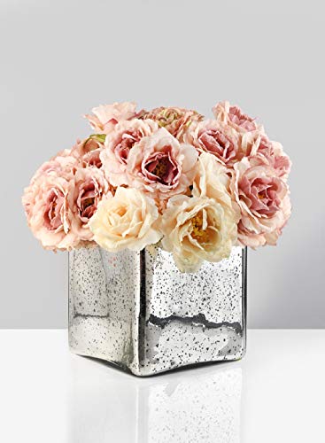 Serene Spaces Living Silver Mercury Glass Cube Vase – Handmade Vintage Inspired Vase with Antique Feel, Ideal for Weddings, Holiday Decor, Events, Home, Single - color: 7" Large Cube