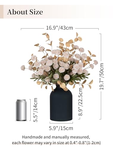 BLOSMON Fake Flowers Centerpieces for Tables: Gifts for Women Metal Vase with 12 Stems of Artificial Mums Kiku Eucalyptuses for Dining Room - Beige Faux Floral Arrangements in vase for Mothers Day - color: Beige