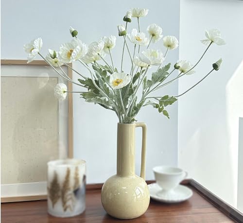 Set of 6 White Poppies Flowers Artificial for Vase, Faux Wildflowers with Long Stems, Silk Flowers Arrangement for Wedding Party Farmhouse Home Office Indoor Kitchen Dining Table Decoration - color: White
