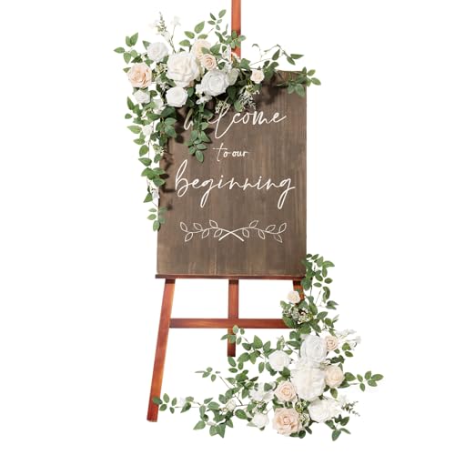 Ling's Moment 2pcs Wedding Flowers Garland Artificial Floral Swag Arch Decorations Rose Greenery Arrangements White & Sage Ceremony Reception Garden Easel Wall Entryway Outdoor board(NOT Include Sign) - color: White & Sage