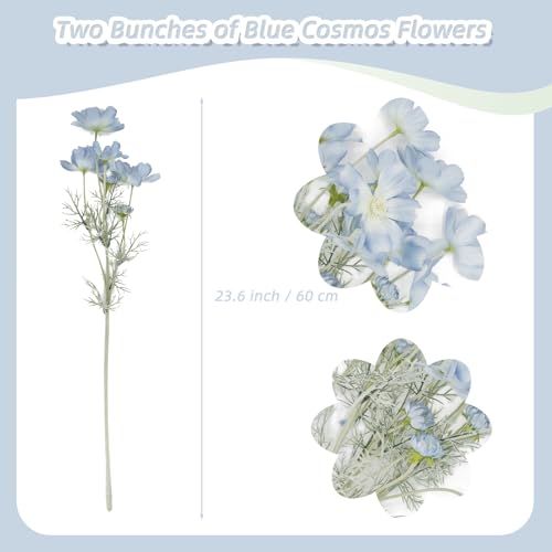 Blue Artificial Cosmos Flowers, 2 Pcs Wedding Bouquets, 23.6 Inch Realistic Faux Silk Flowers for Vase, Dining Table, Floral Arrangement - color: Blue, size: 2pcs